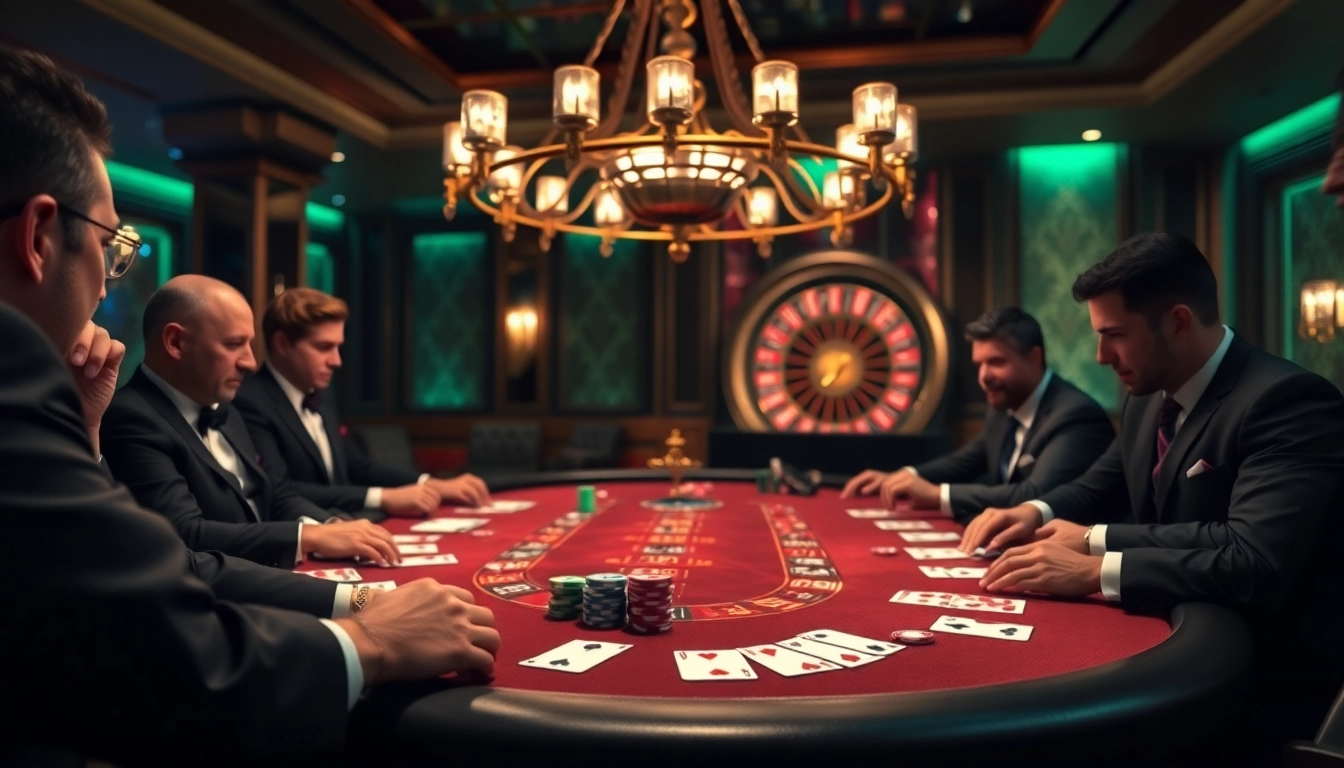 Exciting i9bet poker game scene with elegant players, poker chips, and a roulette wheel.