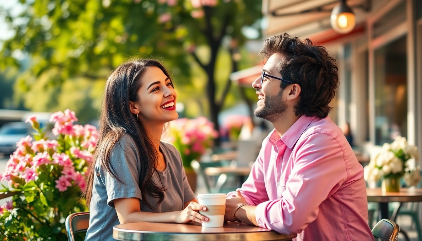 Couple sharing a moment of connection, capturing the feeling of having a crush on each other in a sunny outdoor café.