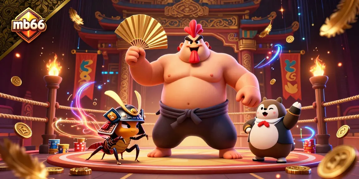 Join the thrilling action at mb66, featuring an epic sumo rooster alongside a fierce samurai cricket in a vibrant casino arena.