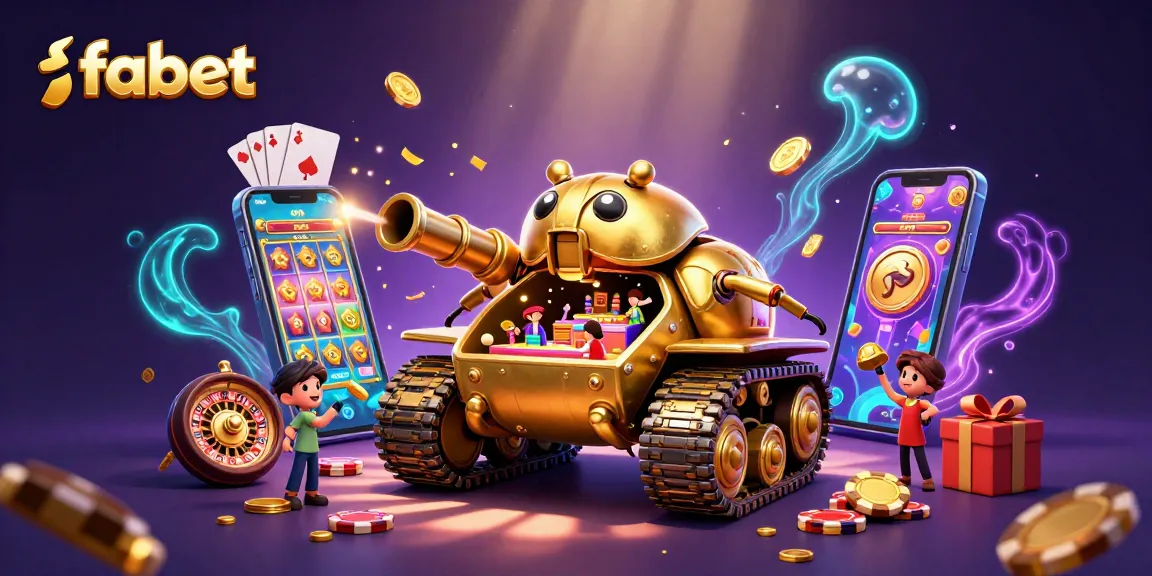 Experience thrilling wins at fabet with a vibrant casino scene, featuring a golden beetle tank and dynamic game elements.
