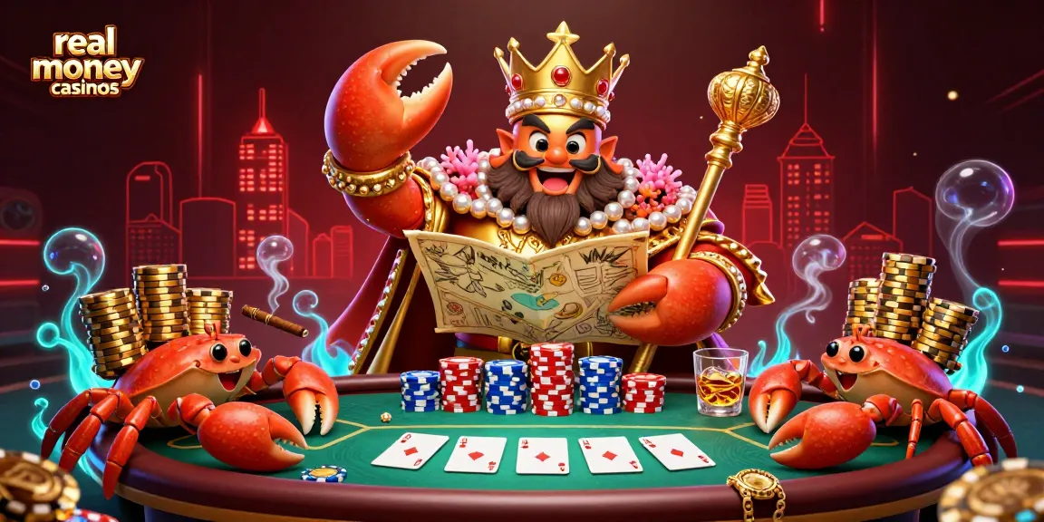 Experience thrilling action in real money casinos with a golden crab emperor amidst poker excitement and vibrant casino elements.