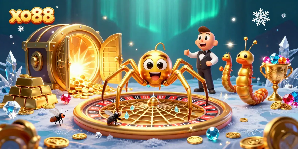 Engage in thrilling bets with xo88 as a golden spider spins a roulette wheel web.