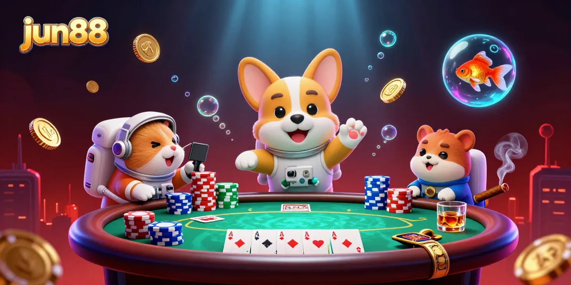 Immerse in the excitement of jun88 as a cartoon corgi plays poker in a floating casino.