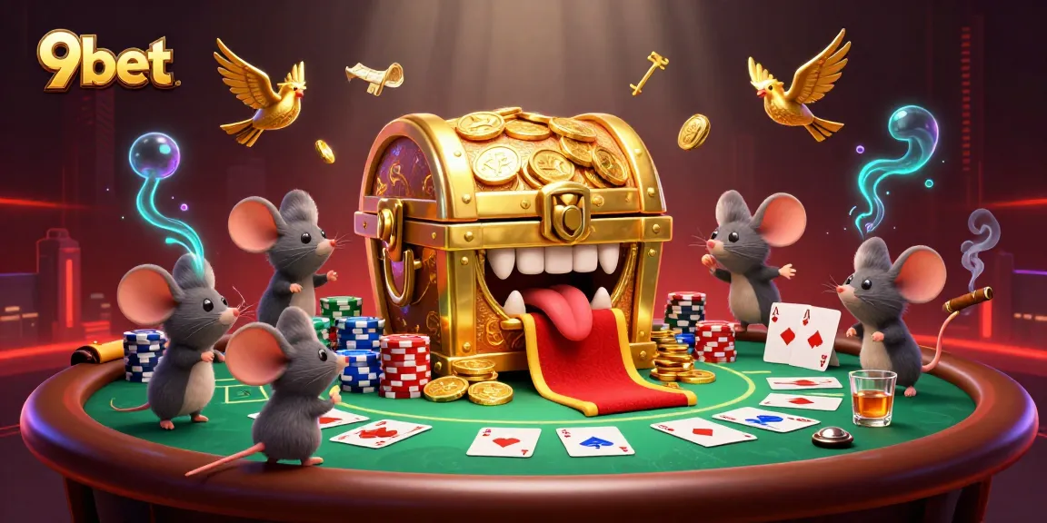 Engage with 9bet in this vibrant 3D scene full of casino excitement and poker elements.
