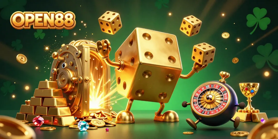 Engage with the exciting world of OPEN88 featuring golden dice and lucky symbols amidst bursting treasure.
