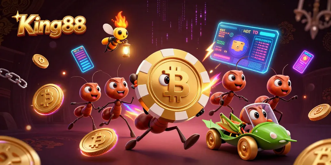 Experience fun gaming with King 88 as ants carry a poker chip in a vibrant 3D casino scene.