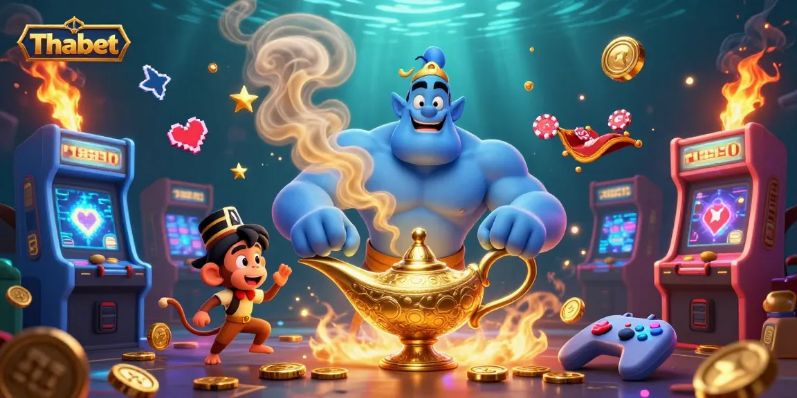 Engage with Thabet's thrilling casino adventure featuring a genie and magic carpet in an enchanting 3D illustration.