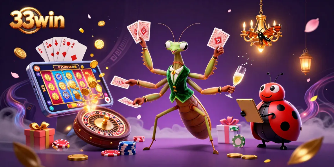 Experience thrilling action with 33win as the mantis dealer shuffles cards and pours champagne.