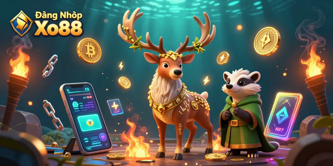 Engage with Đăng Nhập Xo88 through vibrant 3D casino illustration showcasing crypto-themed elements.